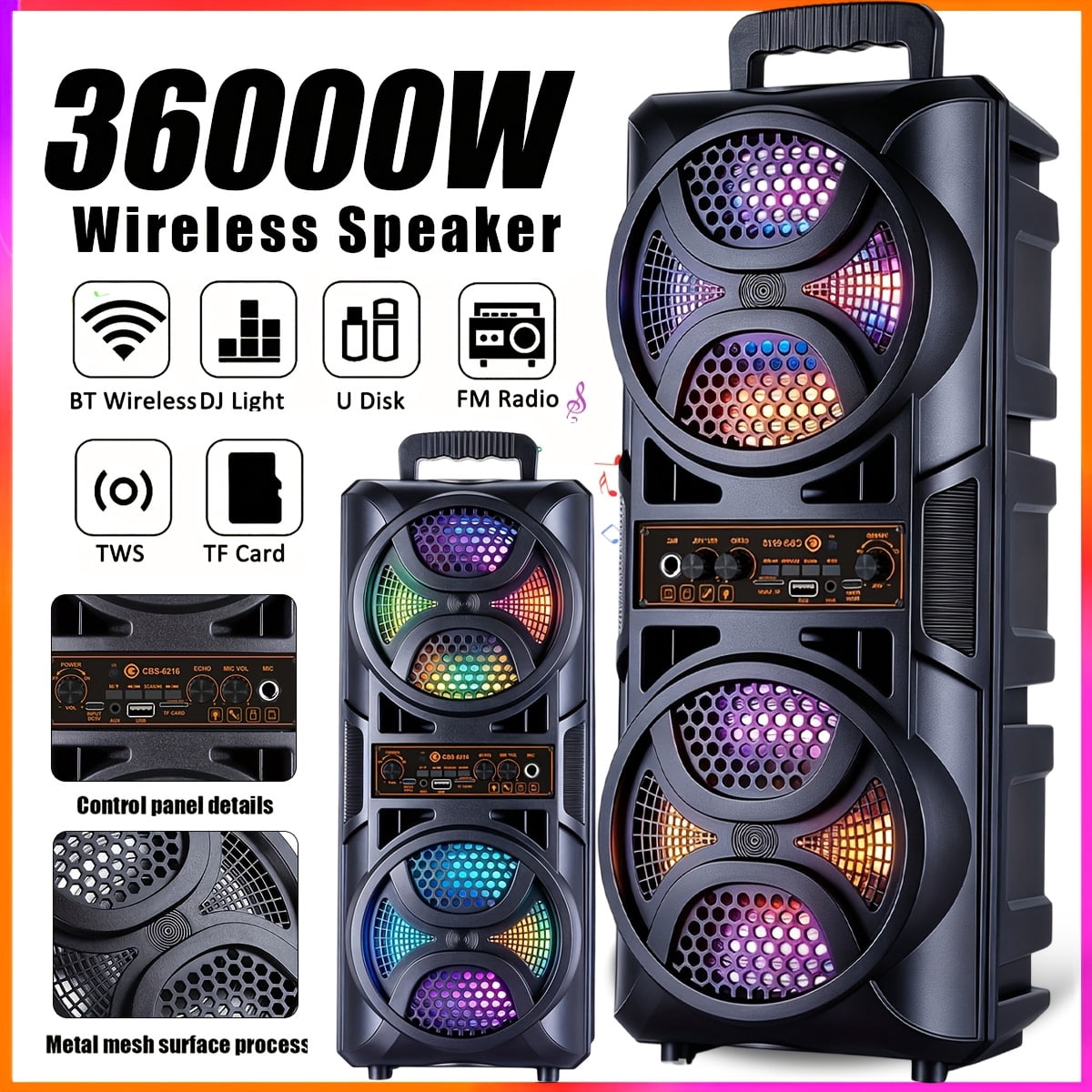 Portable Large Speaker with Subwoofer & Microphone for Karaoke, BT/USB/TF/AUX/FM/TWS Compatible, USB PartyBox with LED, for Parties, Theater, Ideal Gift for Birthdays & Christmas