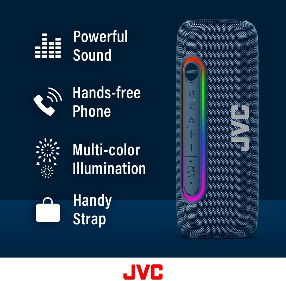 JVC Illuminated Portable Wireless Speaker with 20W max outputs, Dynamic Sound, Bluetooth 5.0, TWS Capability, USB-C, IPX5, AUX in, up to 5-Hour Battery Life - SPPA5BTG (Green)