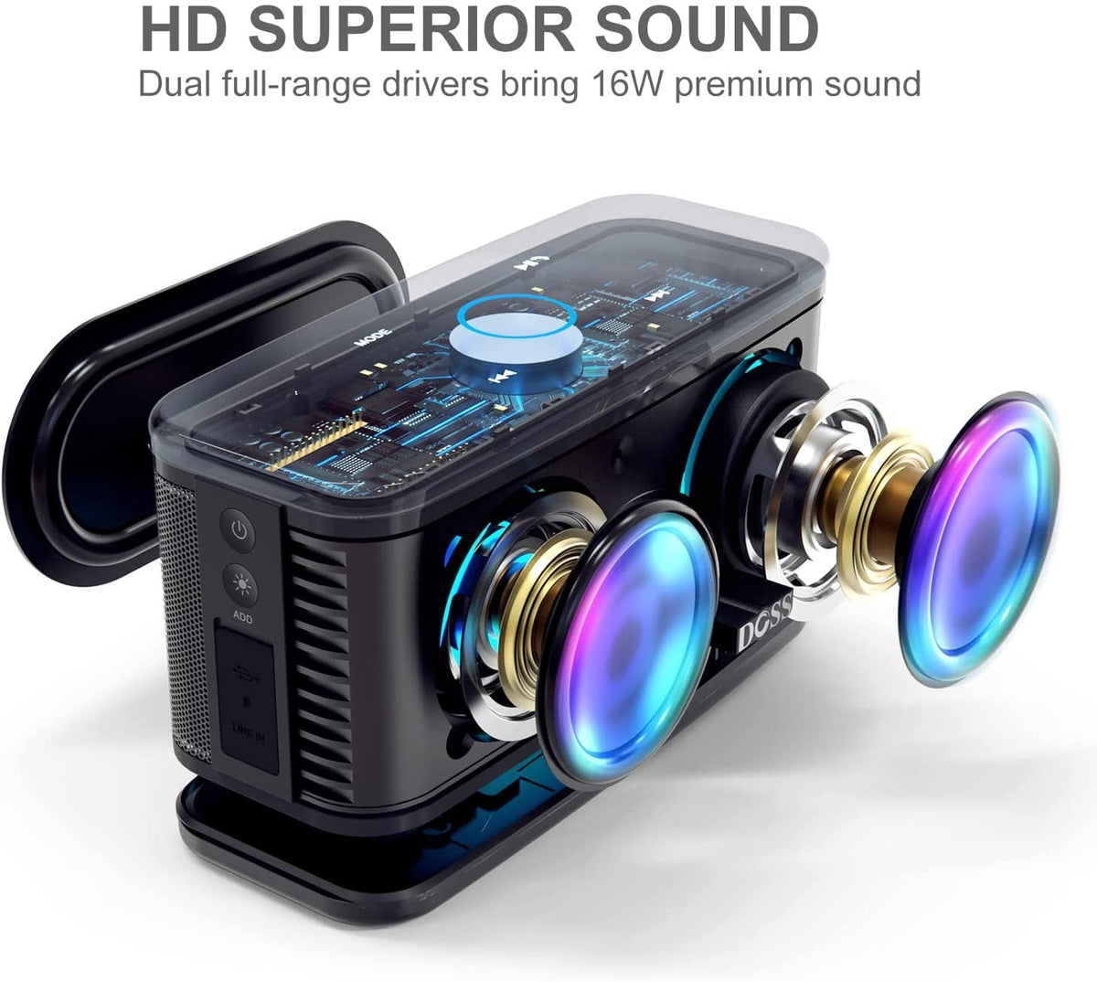 DOSS Portable Wireless Bluetooth Speaker with 24W Stereo Sound and Deep Bass, Seamless Waterproof Design, Stereo Paring, Party Lights, 24H Playtime, Speaker for Home, Outdoor and Office