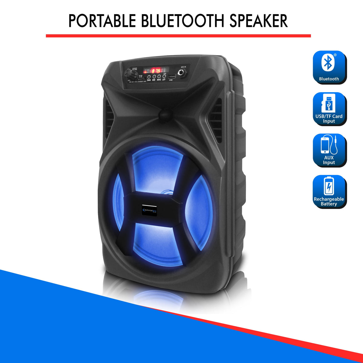Technical Pro 8" Portable 500 Watts Bluetooth Speaker with Woofer and Tweeter, Festival PA LED Speaker, USB Card Input & True Wireless Stereo