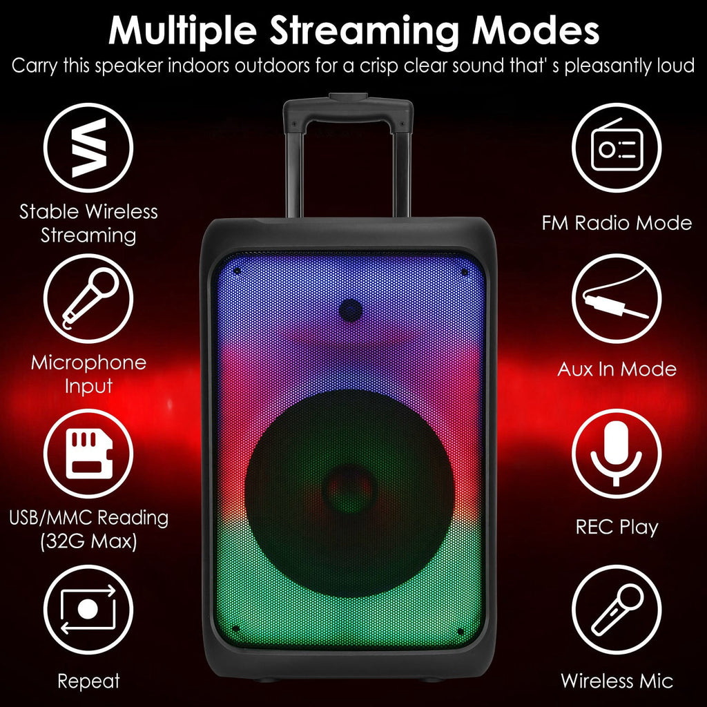 iMounTEK Portable Wireless Speakers on Wheels with Lights, Remote Control, TWS FM USB MMC Slot Aux In Recording Mic for Outdoor Party