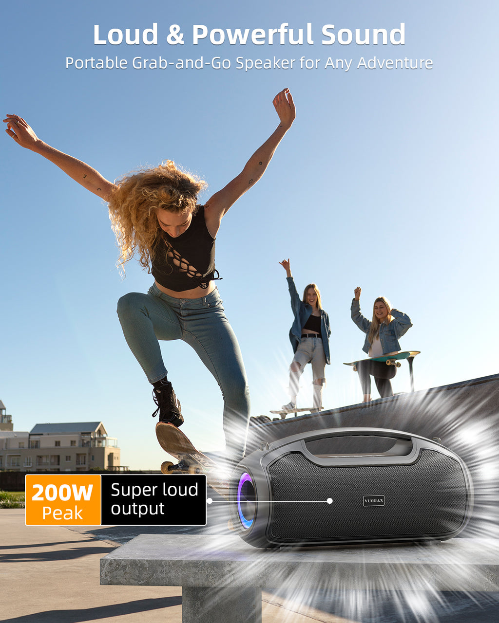 Portable Bluetooth Speaker 200W Peak Wireless, IP65 Waterproof Outdoor Speaker with Bass Boost, 24H Battery, TWS and USB/AUX/TF Input for Party