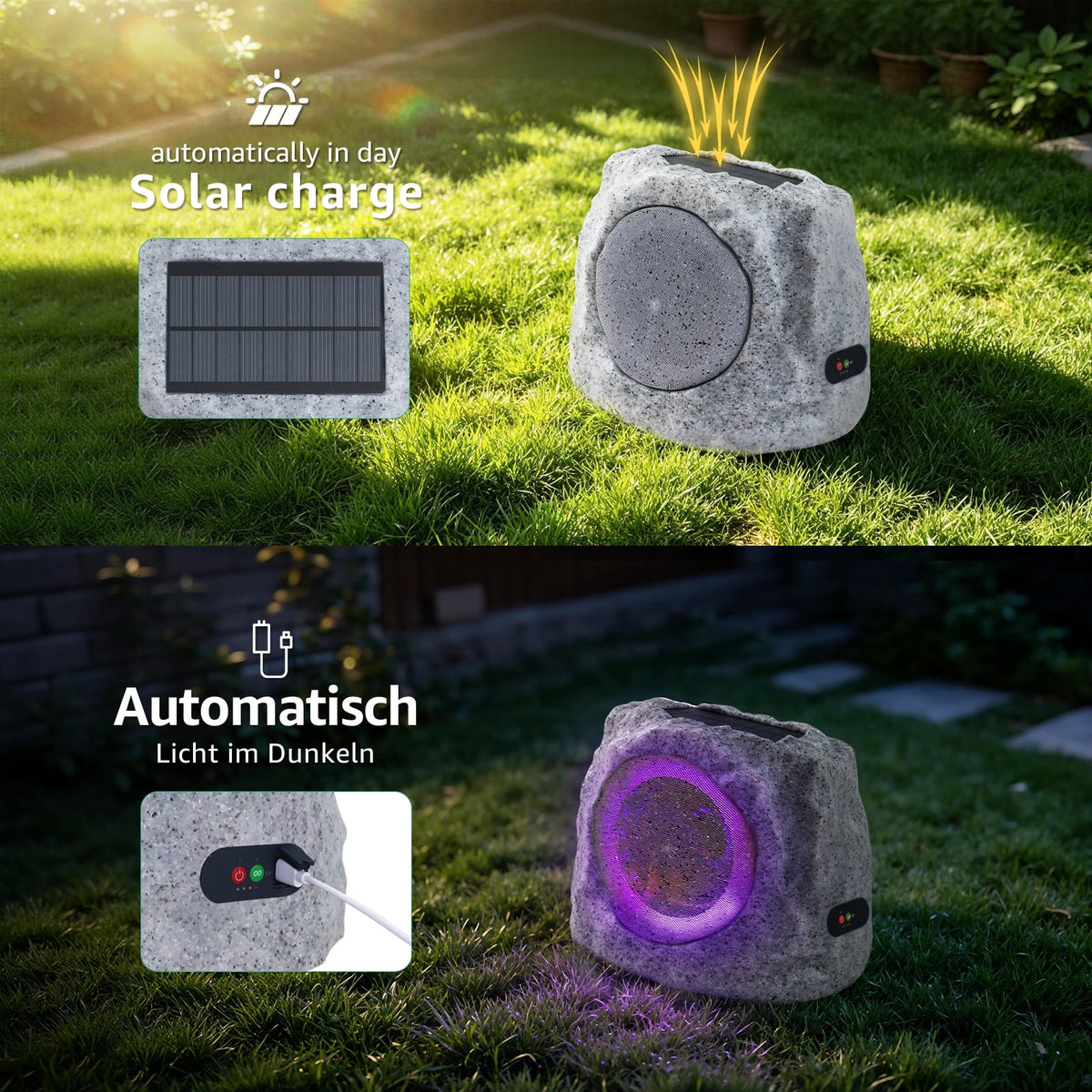 NiceBuy 2-Pack 8.1" Bluetooth Rock Speakers, Powerful Sound Solar Outdoor Wireless TWS Stereo Speaker with RGB Colorful LED Light for Indoor Outside Patio Garden