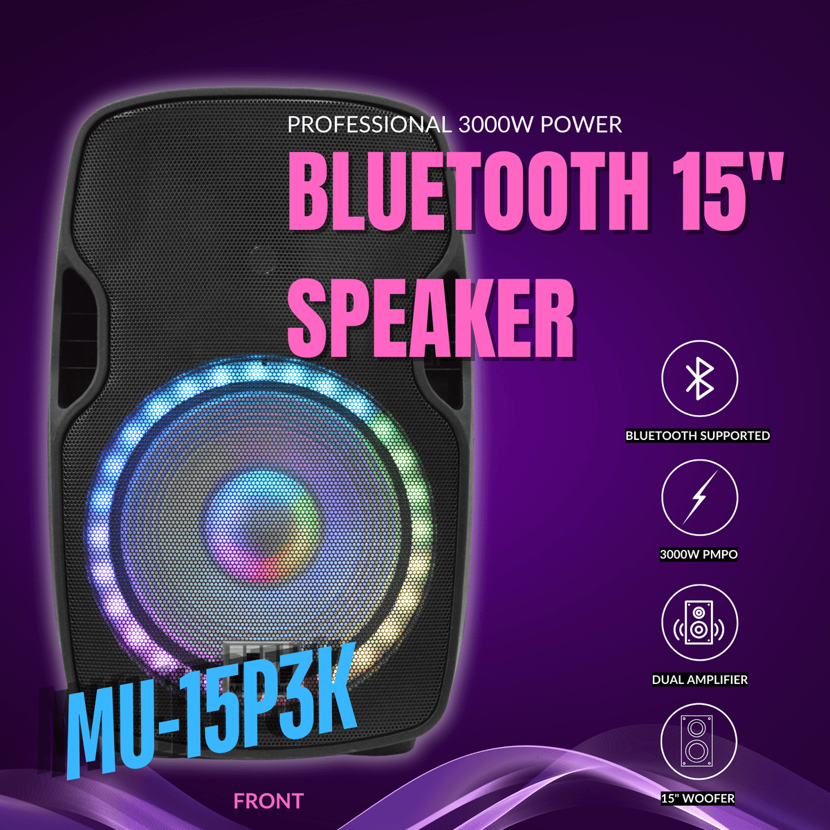 MUSYSIC MU‑15P3K Professional 15" Powered Speaker – 3000W Peak, Bluetooth, USB, SD Card, FM Radio, Dual Mic Inputs, LED Light, Remote Control