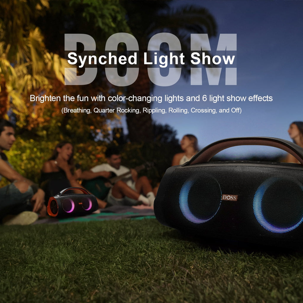 DOSS Extreme Boom+ Bluetooth Speaker with 100W Stereo Sound, Rich Bass, IPX6 Waterproof, 20H Playtime, Power Bank, Mixed Color Light, Portable Speaker for Outdoor, Camping, Beach