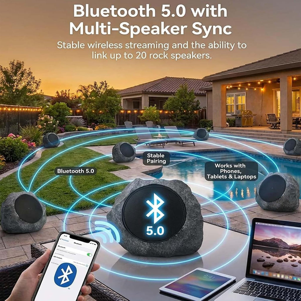 Solar Powered Rock Speakers, Outdoor Waterproof Bluetooth Stereo | High-Efficiency Solar & USB Charging, Realistic Resin Stone Design for Patio Garden Yard, 1 Piece, Dark Gray