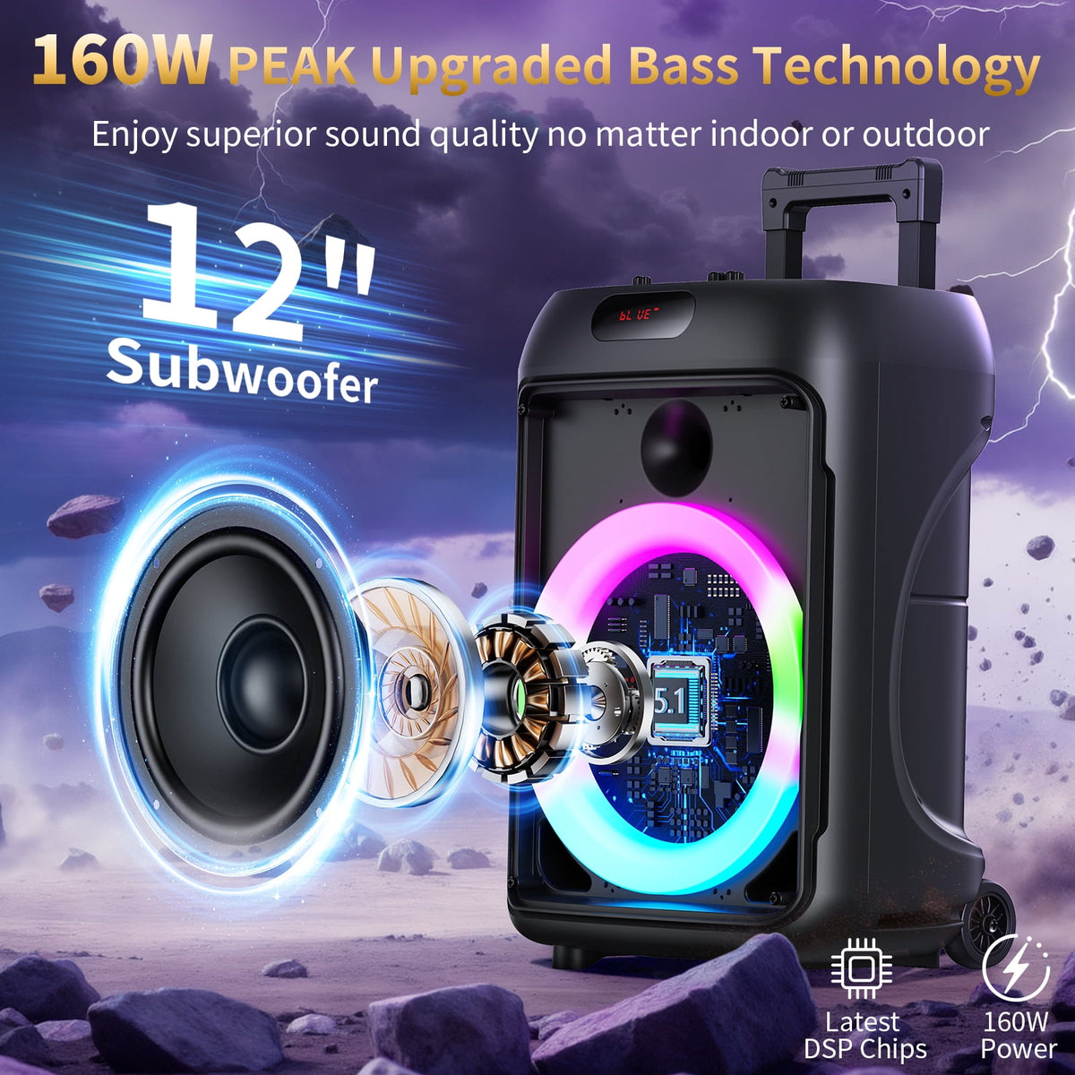 JYX Large Party Speaker, 120W Subwoofer Outdoor Speaker Bluetooth with Wheels, Dual 12'' Subwoofer Deep Bass