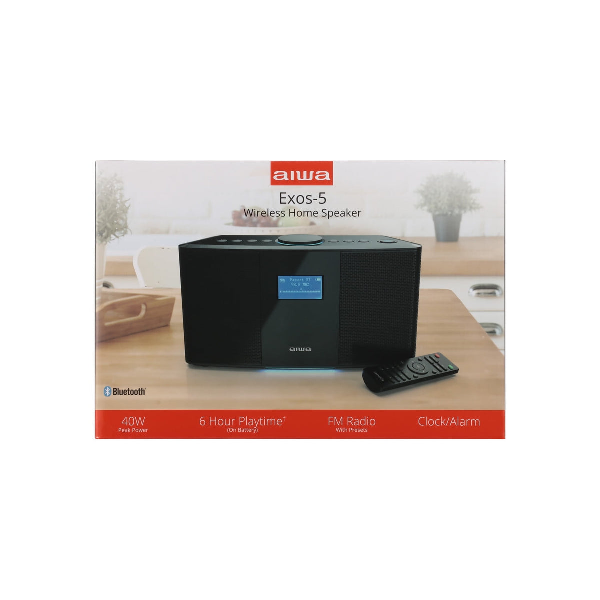 Aiwa Exos-5 Wireless Bluetooth Hi-Fi Home Speaker with FM Radio, Alarm Clock and Remote Control for Home Audio