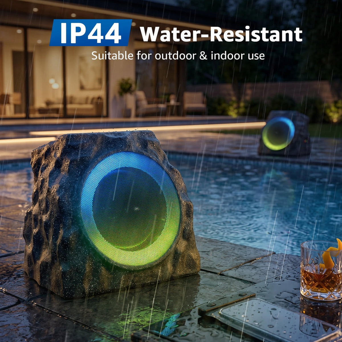 NiceBuy 2-Pack 8.1" Bluetooth Rock Speakers, Powerful Sound Solar Outdoor Wireless TWS Stereo Speaker with RGB Colorful LED Light for Indoor Outside Patio Garden