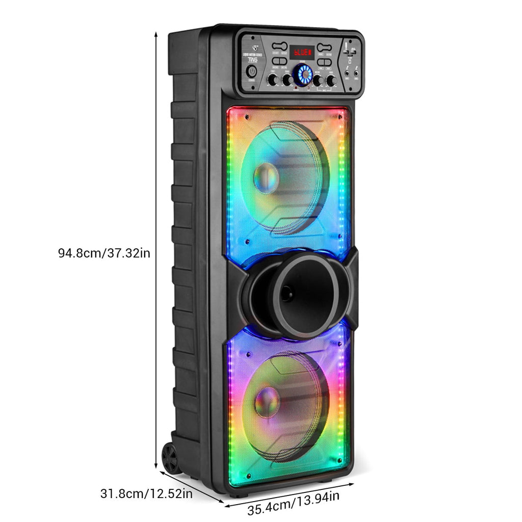 Dazone Dual 10" Bluetooth Speaker High Powered Rechagreable Wireless PA System Subwoofer Tweeter With AUX Microphone Karaoke LED Lights