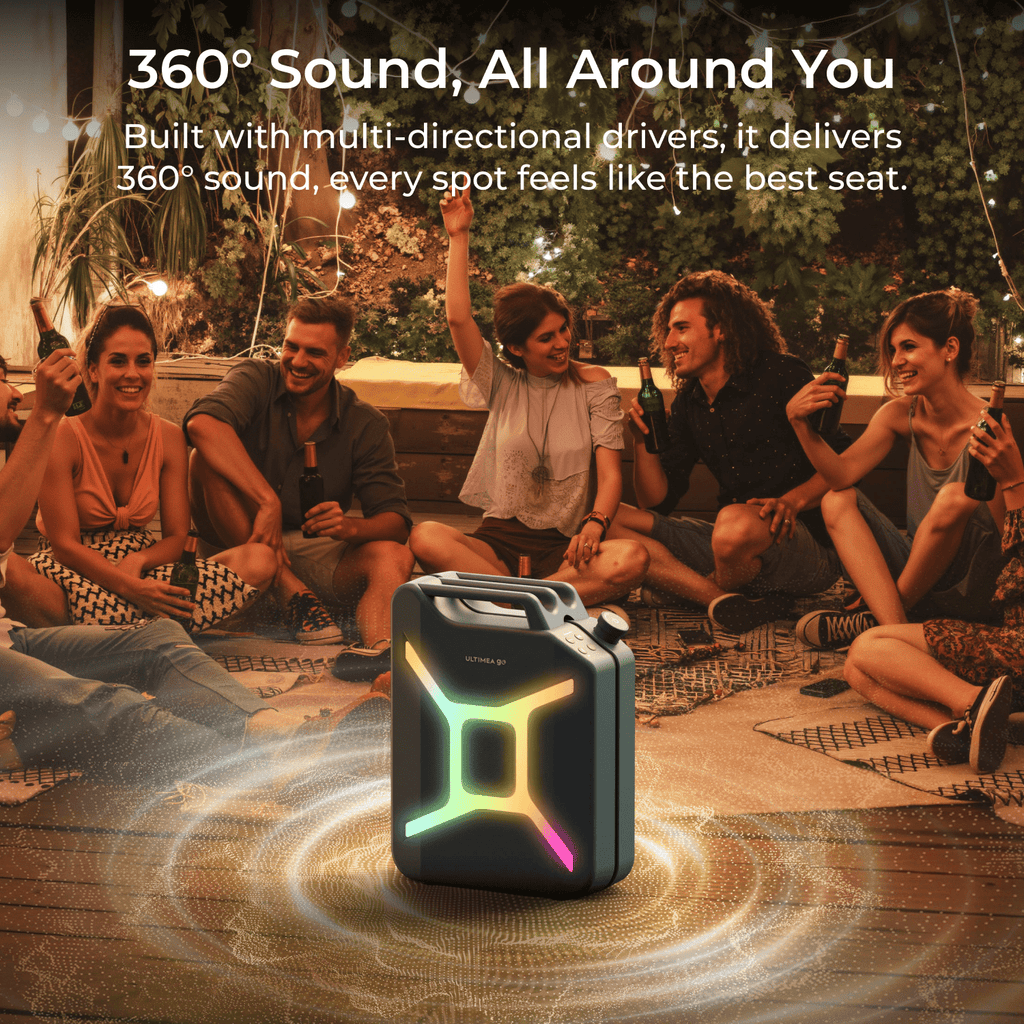 ULTIMEA Go Portable Party Speaker, 300W Wireless PartyBox with Bass Boost, RGB Light, TWS Stereo, Auracast Mode, Mic/Guitar Input, APP Control, Large Bluetooth Speaker for Party Outdoor (Black+Red)