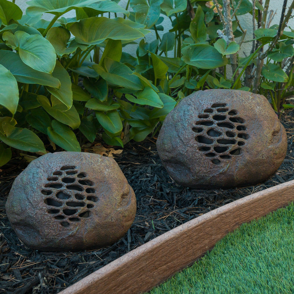 Alpine Corporation Waterproof Bluetooth Solar-Powered Outdoor Wireless Rock Speakers, Set of 2