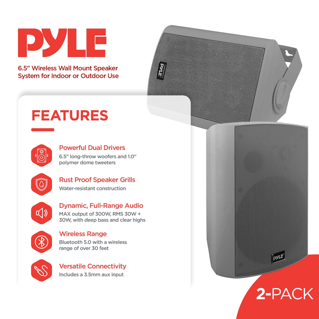 Pyle 6.5" Wireless Wall Mount Speaker System, Indoor or Outdoor Use, Gray