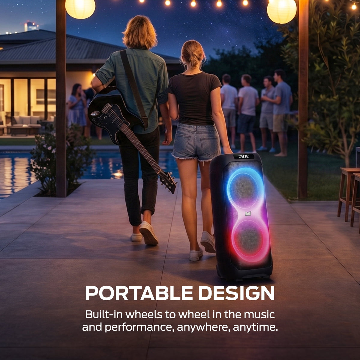 Monster Party Flux Portable Bluetooth Party Speaker, 200W Peak Power, Dual 8-Inch Drivers, RGB LED Lights, Karaoke Mode, TWS Pairing, IPX5 Water Resistant, 6-Hour Battery, Black