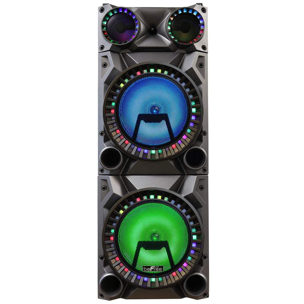beFree Sound Rechargeable Bluetooth 12inch Double Subwoofer Portable Party Speaker with Dual Layer Reactive Party Lights, USB, SD and AUX Inputs with FM Radio