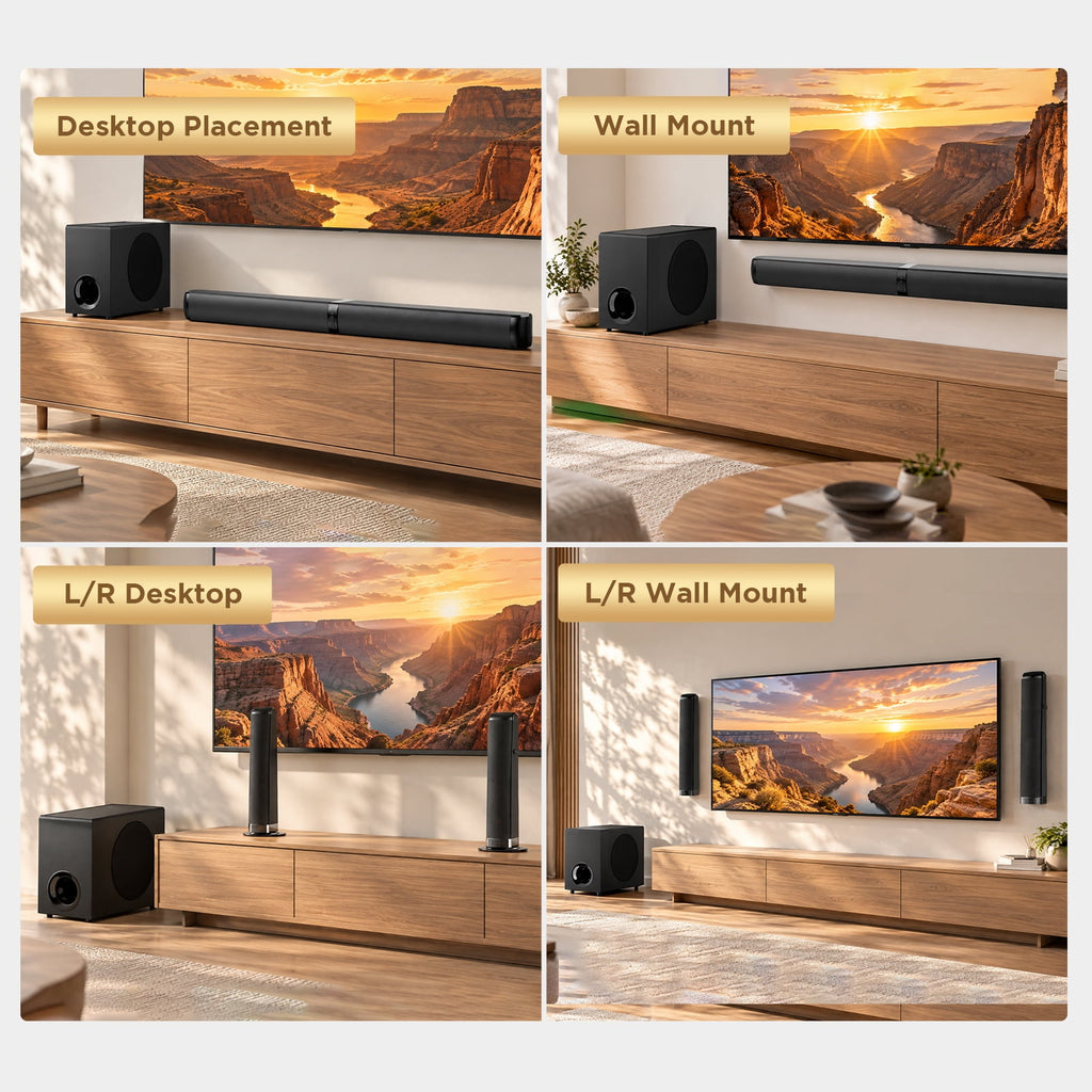 Cowin Sound Bar with Subwoofer, 110W Sound Bar for Smart TV with Adjustable Deep Bass & Volume Boost & 3 EQ Modes, Bluetooth/ARC/Opt/AUX, Detachable Soundbar for TV/PC/Gaming/Projector