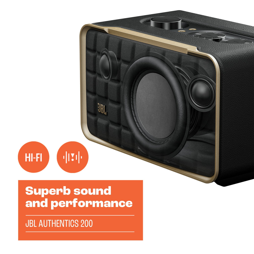JBL Authentics 300 - Portable smart home speaker with Wi-Fi, Bluetooth and voice assistants with retro design. - Black