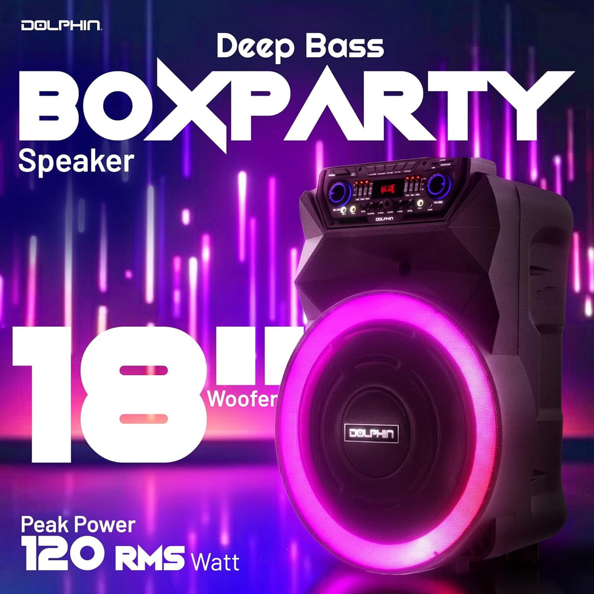 Dolphin SP-18RBT 18” Rechargeable Bluetooth Party Speaker – Deep Bass, High Power Sound, Wireless Microphones, USB/SD, AUX & Guitar Inputs, Extended Battery Life, 12V Input