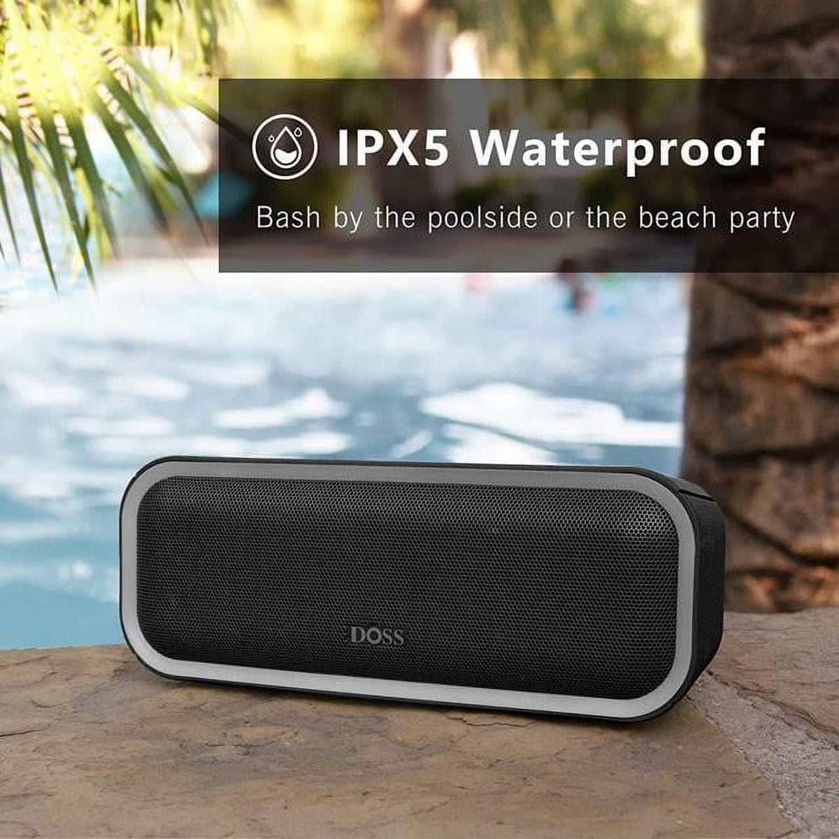DOSS Grey Wireless Bluetooth Speaker, 15Hrs Long Playtime, 24W Impressive Sound with Booming Bass, IPX6 Waterproof, Wireless Stereo Pairing, Mixed Colors Lights, 66 FT Connectivity