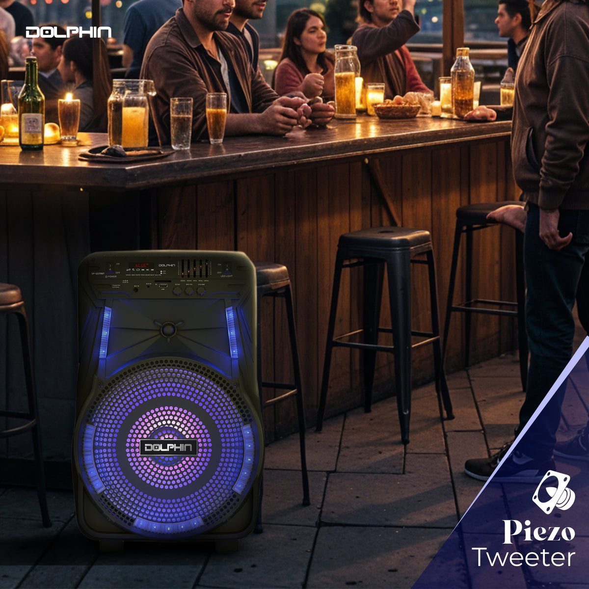 Dolphin SP-1217RBT 12-Inch Rechargeable Bluetooth Party Speaker – High Power Sound, TWS Compatibility, LED Lights, 5-Band Equalizer, Portable Design with Trolley and Wheels