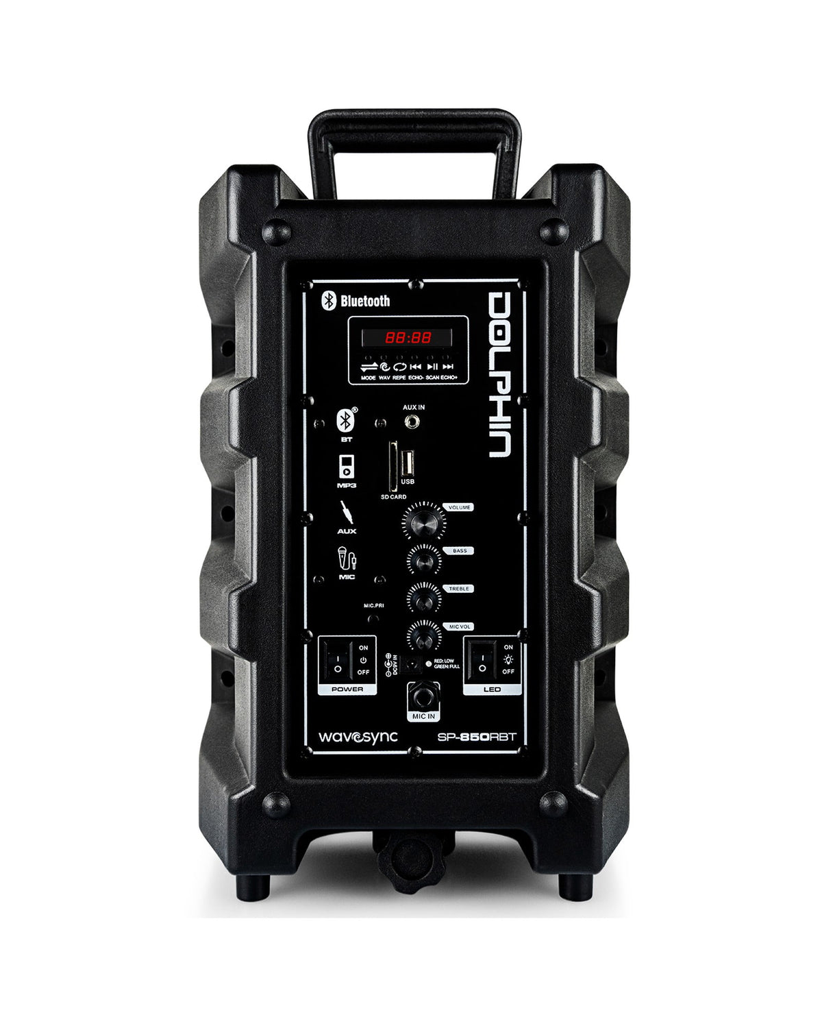 Dolphin SP-850RBT 8-in Portable Bluetooth Party Speaker with Mic, Lights, FM Radio, USB, Rechargeable Battery