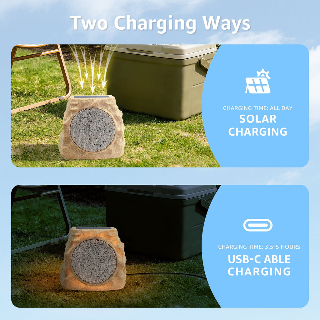 Postlucky 2-Pack Outdoor Solar Rock Speakers, Bluetooth, TWS Pairing, RGB LED Flashing, USB Charging, Waterproof, 8.1" Black