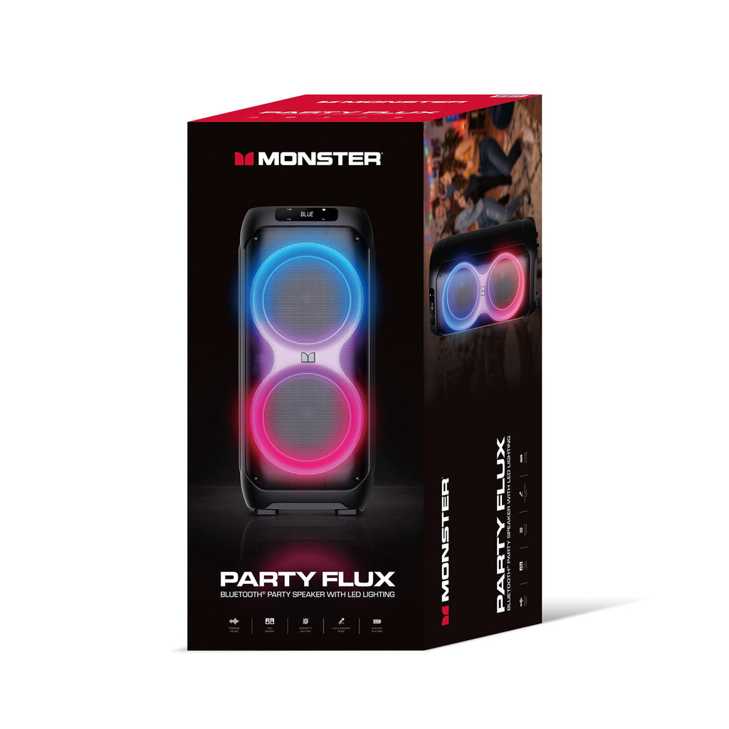 Monster Party Flux Portable Bluetooth Party Speaker, 200W Peak Power, Dual 8-Inch Drivers, RGB LED Lights, Karaoke Mode, TWS Pairing, IPX5 Water Resistant, 6-Hour Battery, Black
