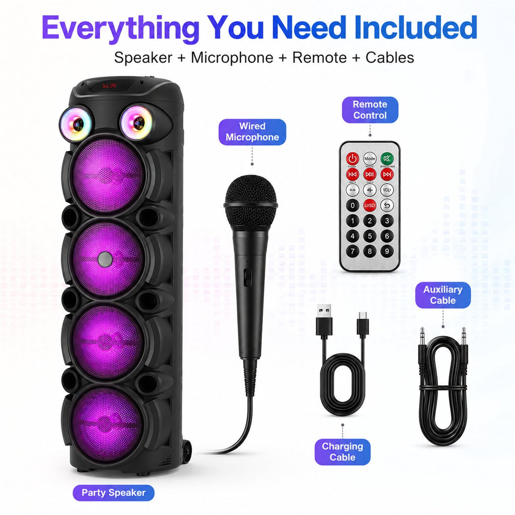 Lohoms Triple 8" Bluetooth Party Speaker, Portable Karaoke Machine & Outdoor PA Sound System with Powerful Stereo Sound, LED Lights, Wireless Mic, TWS Pairing, FM, USB, TF & AUX