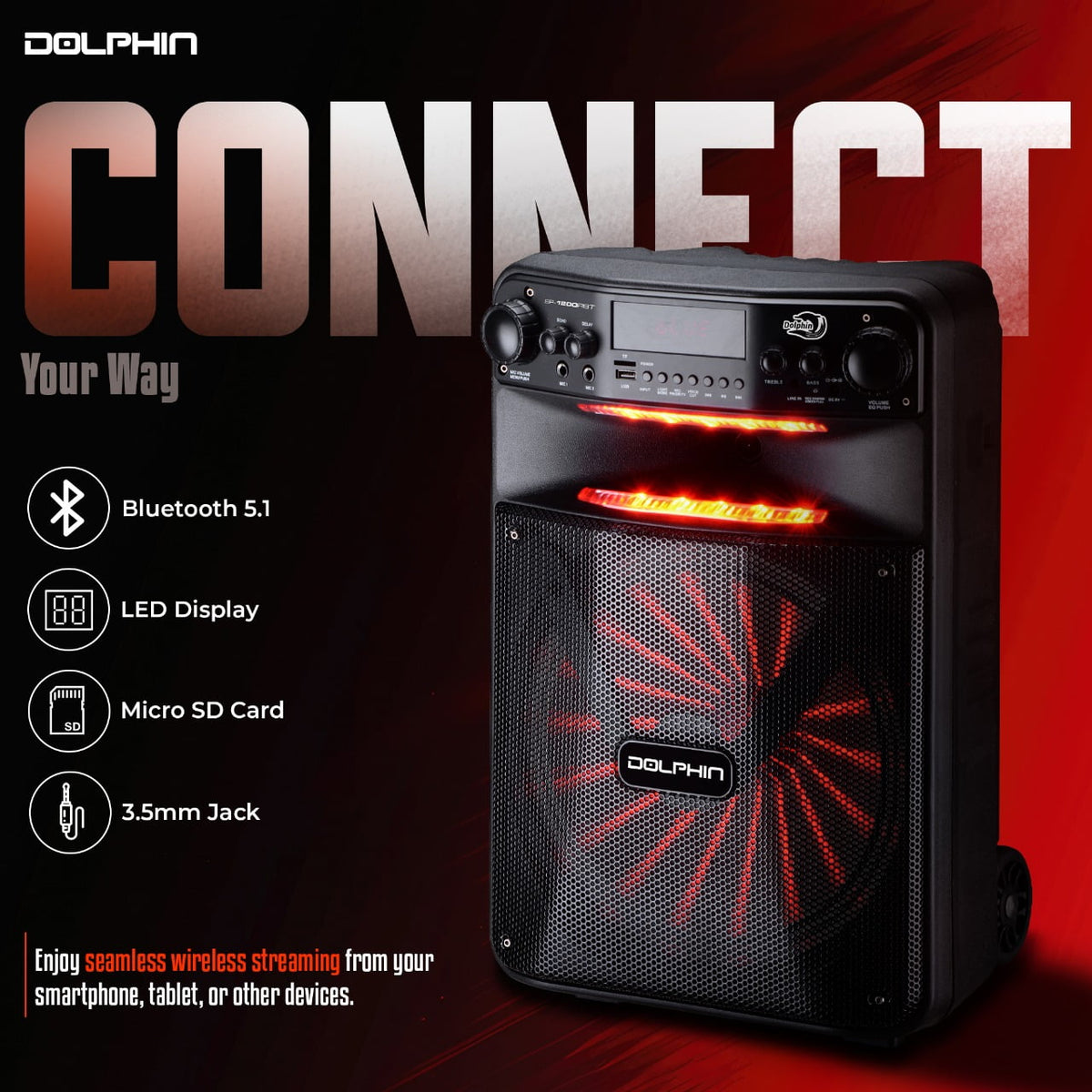 Dolphin SP-1200RBT Portable Party Bluetooh Speaker w/Remote Control and Sound Activated LED Light Show, 12", Long Lasting Battery