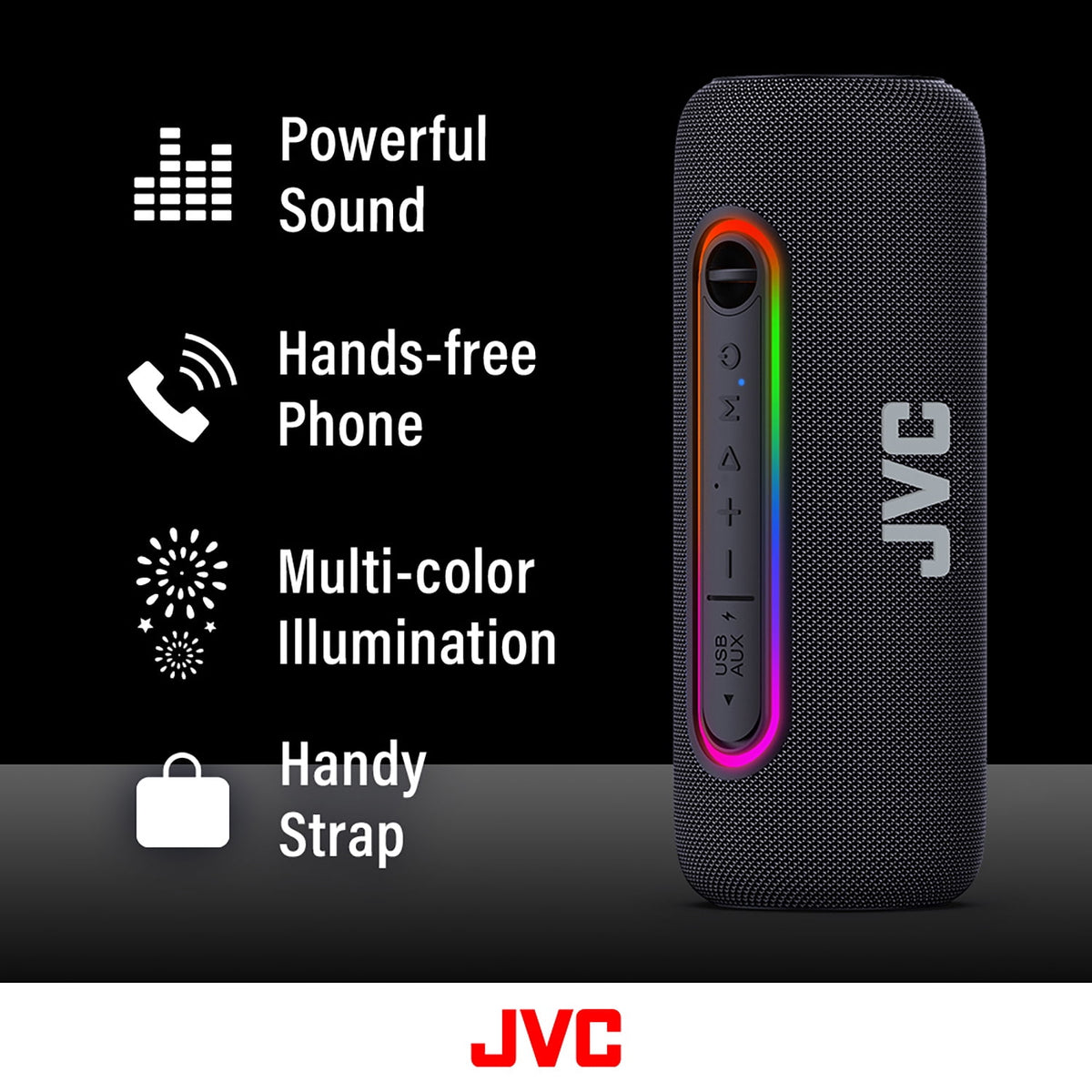 JVC Illuminated Portable Wireless Speaker with 20W max outputs, Dynamic Sound, Bluetooth 5.0, TWS Capability, USB-C, IPX5, AUX in, up to 5-Hour Battery Life - SPPA5BTG (Green)
