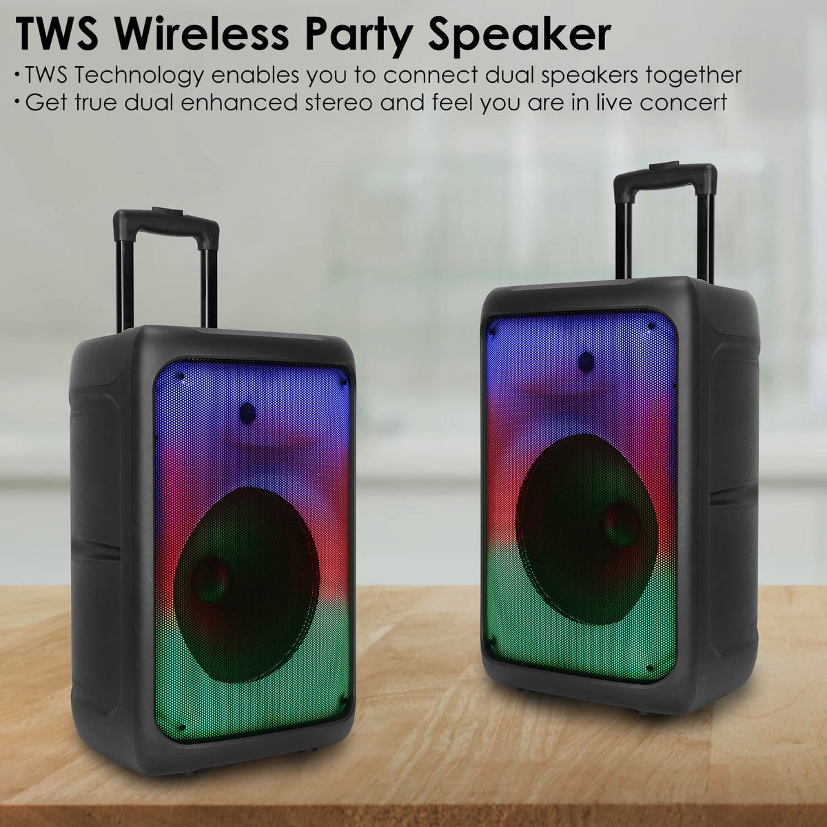 iMounTEK Portable Wireless Speakers on Wheels with Lights, Remote Control, TWS FM USB MMC Slot Aux In Recording Mic for Outdoor Party