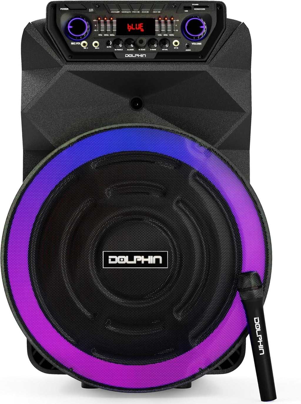 Dolphin SP-18RBT 18” Rechargeable Bluetooth Party Speaker – Deep Bass, High Power Sound, Wireless Microphones, USB/SD, AUX & Guitar Inputs, Extended Battery Life, 12V Input