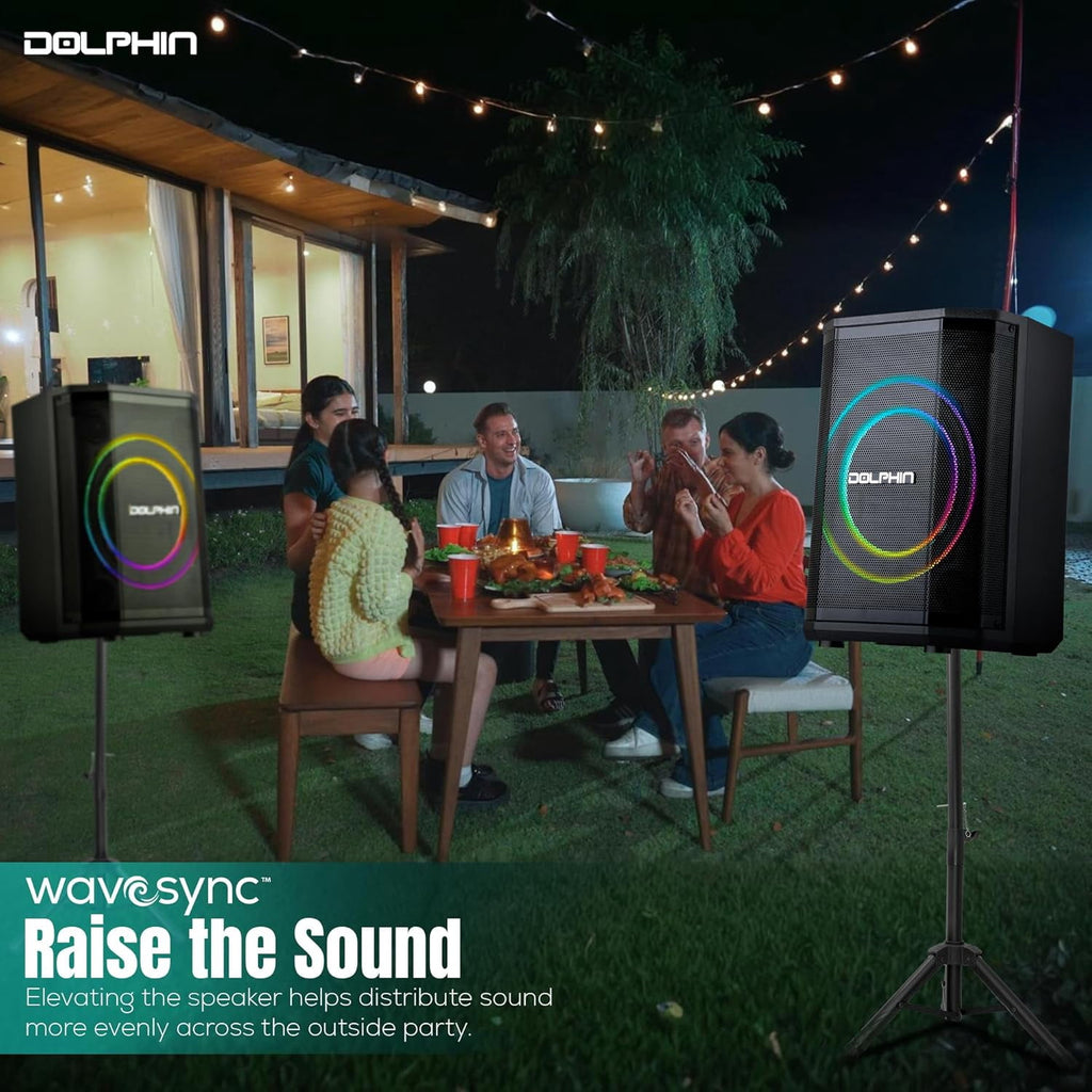 Dolphin SP-885RBT Rechargeable Portable Bluetooth Party Speakers, Tiltable, 3D LED Ring Light, TWS, Wireless Microphone, and Multiple Playback Options