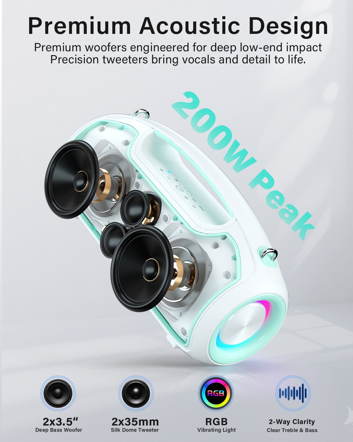 Upgrade Portable Bluetooth Speakers Wireless, 200W PEAK Loud Outdoor Speaker with Deep Bass, IP65 Waterproof, BT5.4, USB-C, RGB Lights, for Party, Camping, Beach, Large Workshop, Garage, 24H Playtime
