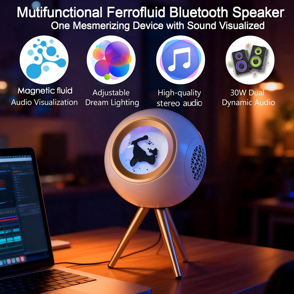 XRELIATECH Ferrofluid Speaker,30W High-Power Bluetooth Audio Visualizer Enhanced Bass&Crisp High, Dual Stereo&TWS Paired,Vibrant Ambient Colorlight