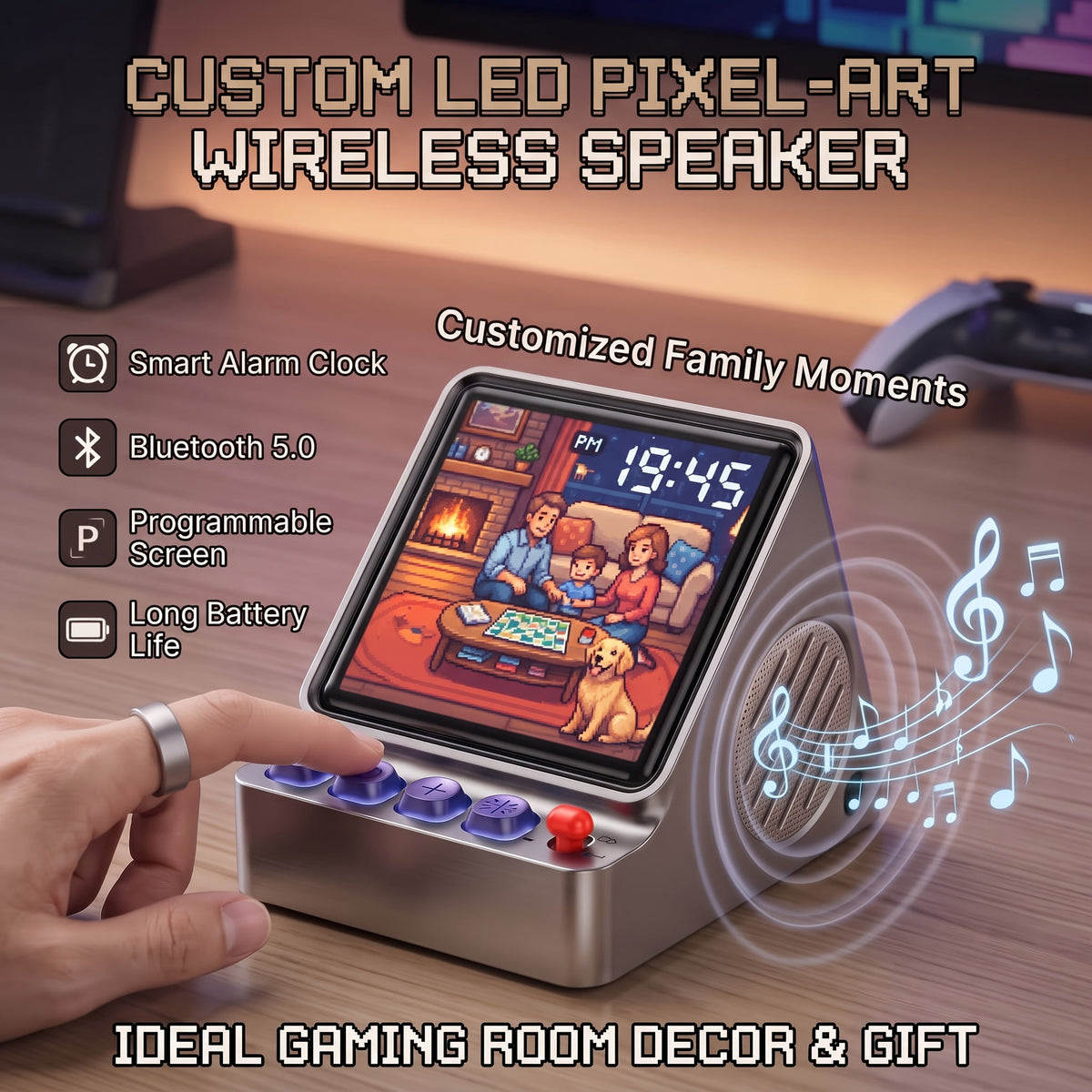 Retro Pixel Art Wireless Speaker with Programmable RGB LED Display, Portable Mini Audio Player & Smart Digital Clock, Aesthetic Desk Setup Accessories, Gaming Room Decor, Cool Tech Gadgets Gift