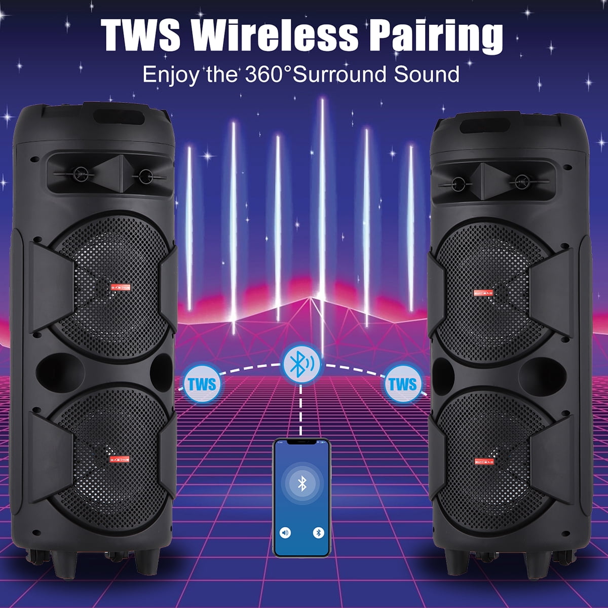 RIDWIND 4000W Peak Power Bluetooth Speakers Portable Wireless Speaker with Double 6.5 inch Subwoofer Heavy Bass,FM Radio, Microphone, Lights, Remote Control TWS Stereo Sound System Speaker