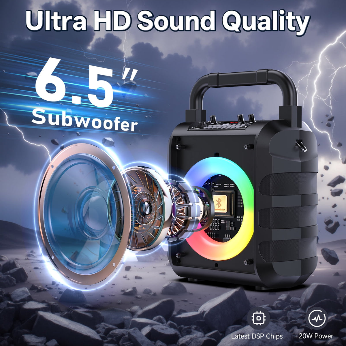 FanFun Bluetooth Speaker, Outdoor Portable Speaker with 2 Microphones, PA System with Dynamic LED Light, 6 EQ Modes