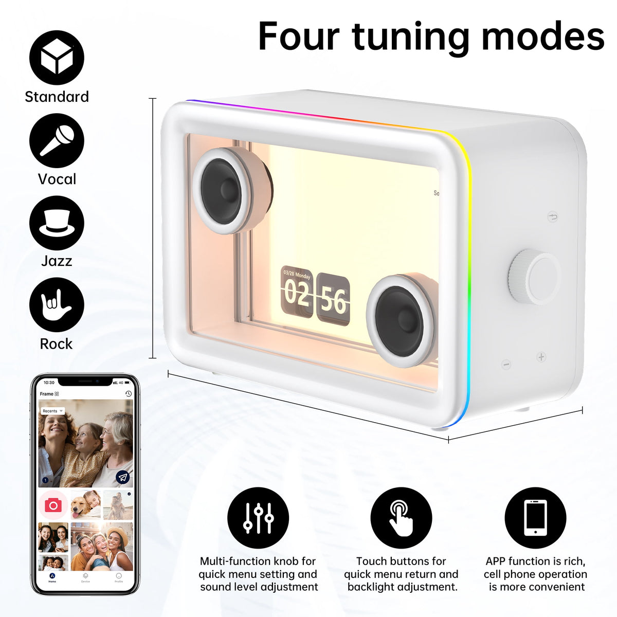 BESTSKI Bluetooth Speaker,with HD sound Hi-Fi Soundbar Speaker and Transparent Glass Screen, Dynamic Floating Lyrics, Digital Frame Function, LED Light Show,2.4G Wifi - Black