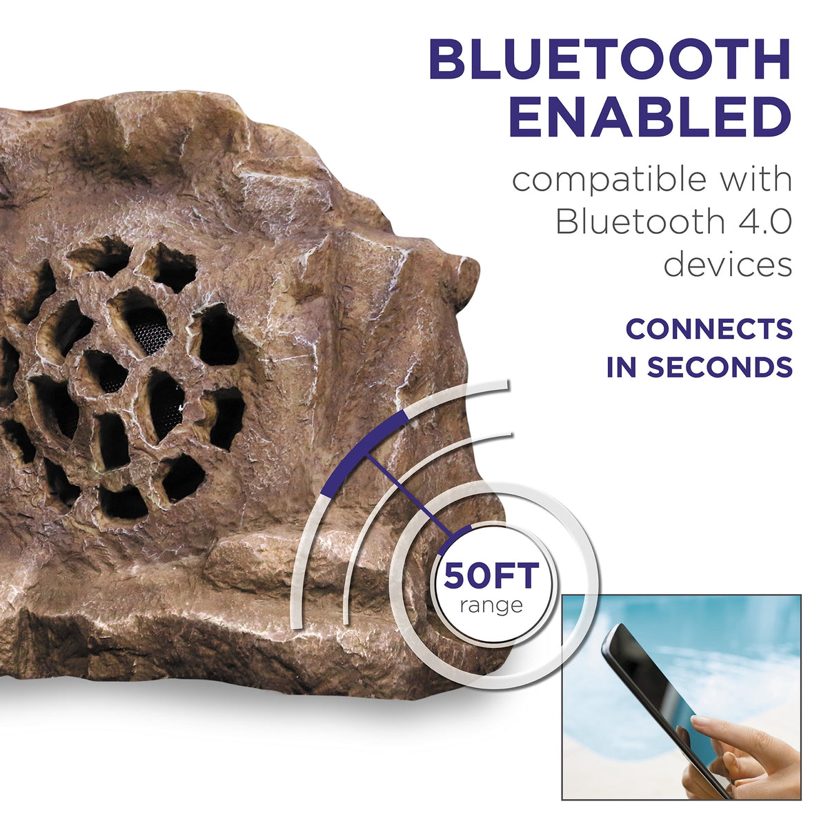Alpine Corporation QLP542SLR-BR 11-in H Waterproof Bluetooth Solar-Powered Outdoor Rock Speaker – Wireless Portable Audio System with 50-ft Range, High-Fidelity Sound, Brown