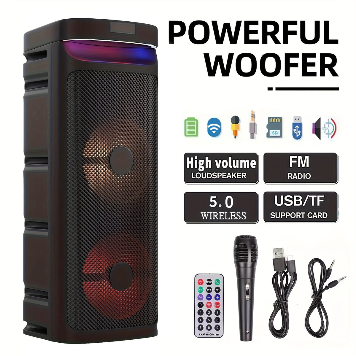 3000W Portable Speaker - Choose 6.5''/8''/10''/12'' Subwoofers - Heavy Bass w/LED Lights - 33ft Wireless Range - For Home/Party/Travel - FM Radio & Stereo Sound