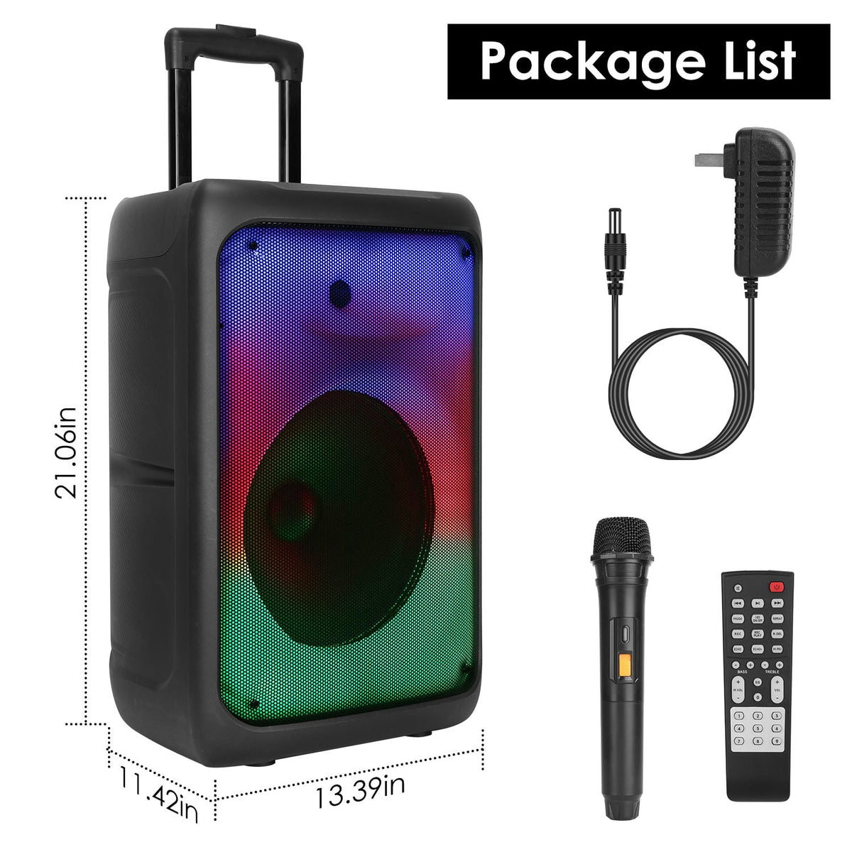 Portable Wireless Speakers with Lights & Remote Control, TWS FM USB MMC Slot Aux In Recording Mic for Outdoor Party