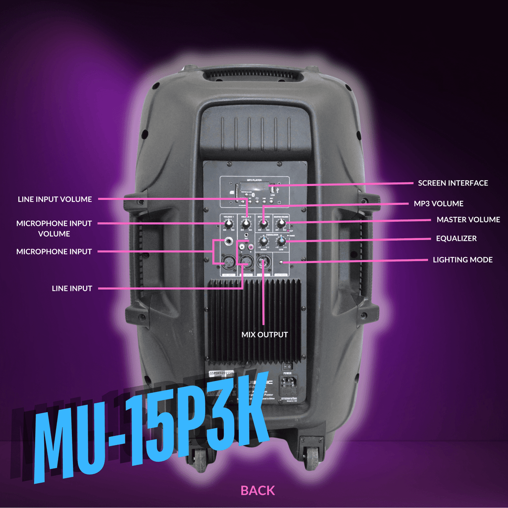 MUSYSIC MU‑15P3K Professional 15" Powered Speaker – 3000W Peak, Bluetooth, USB, SD Card, FM Radio, Dual Mic Inputs, LED Light, Remote Control