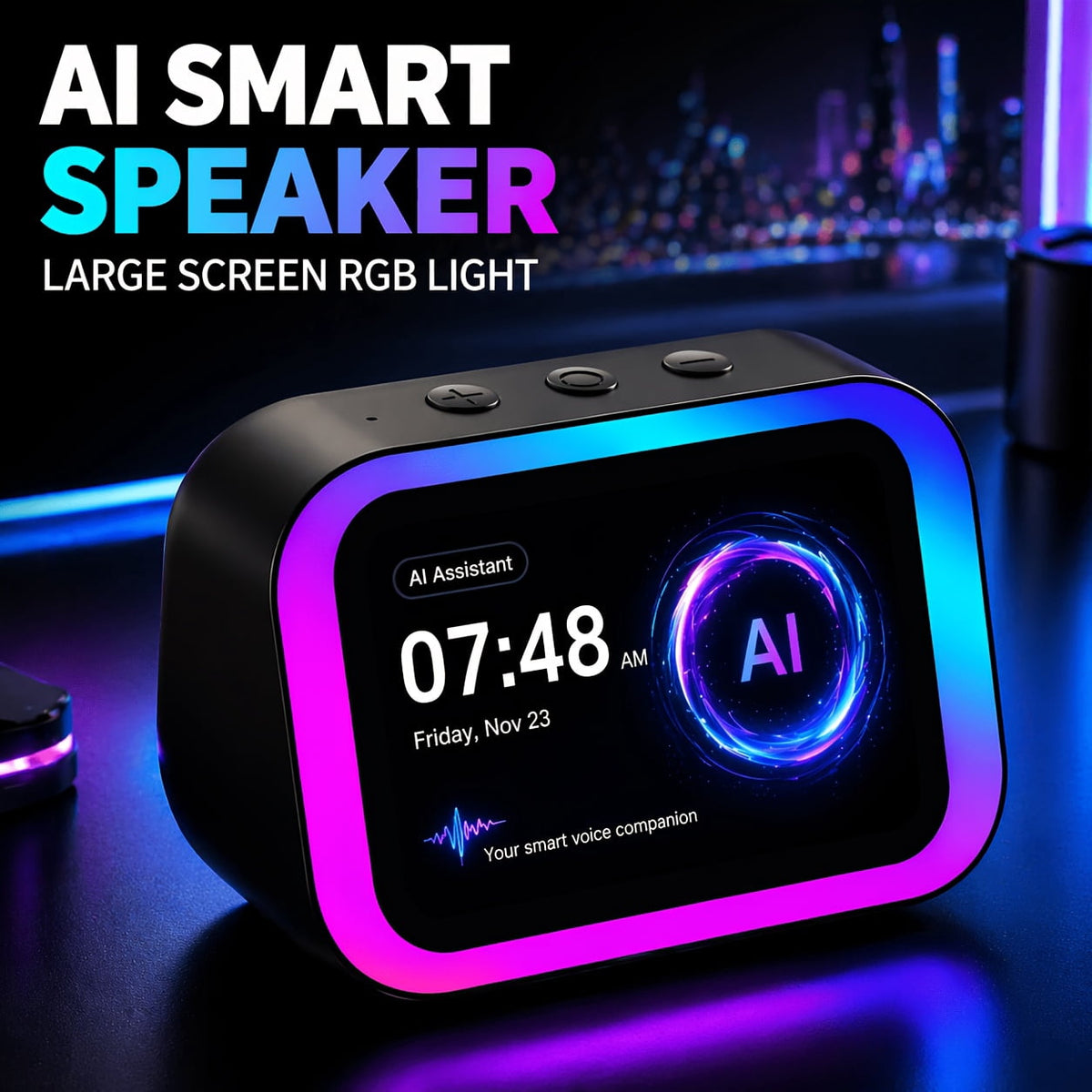 AI Smart Speaker with Large Screen Display, RGB Ambient Lighting, Hands-free Calling, Music Player, Voice-controlled Desktop Speaker, Suitable for Home/office/bedroom