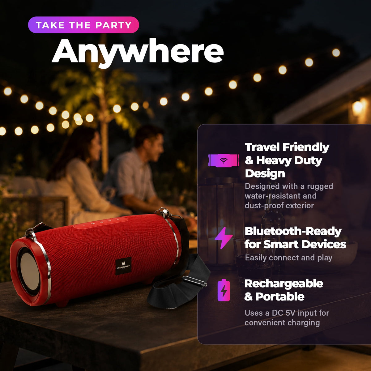 Max Power Encore Wireless Bluetooth 5.3 Speaker with Adjustable Shoulder Strap, Red