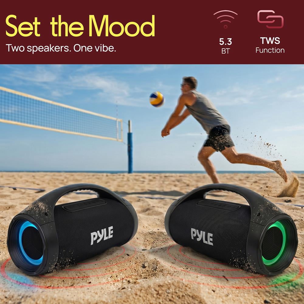 Pyle Portable Bluetooth Boombox Speaker, 100W Peak Power, 19-Hour Battery, FM Radio, USB Playback, AUX Input, TWS Pairing, LED Lights & Carry Handle