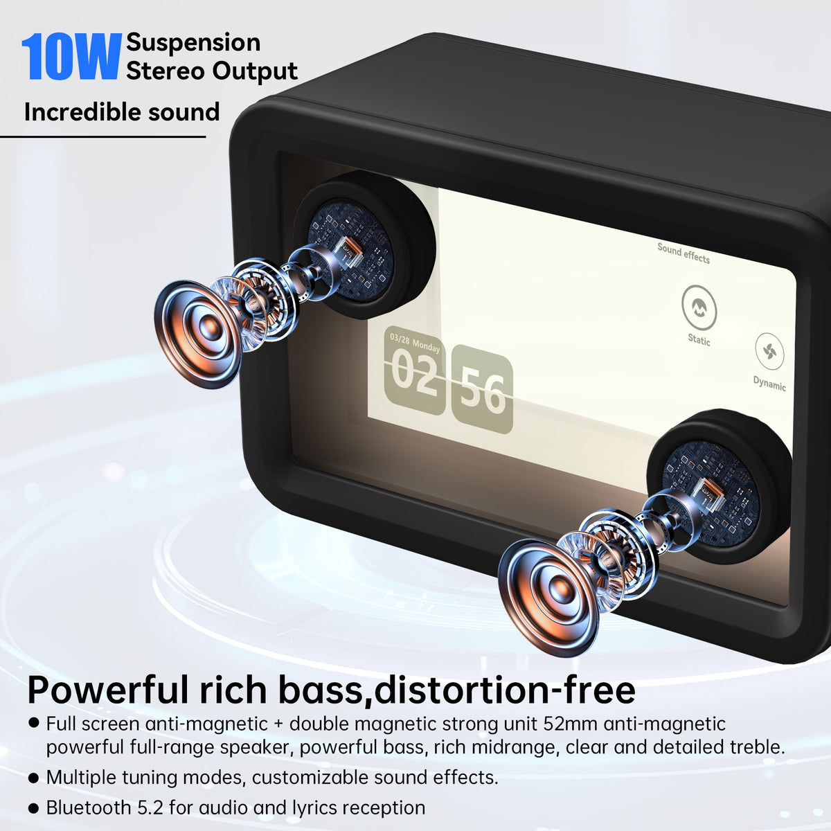BESTSKI Bluetooth Speaker,with HD sound Hi-Fi Soundbar Speaker and Transparent Glass Screen, Dynamic Floating Lyrics, Digital Frame Function, LED Light Show,2.4G Wifi - Black