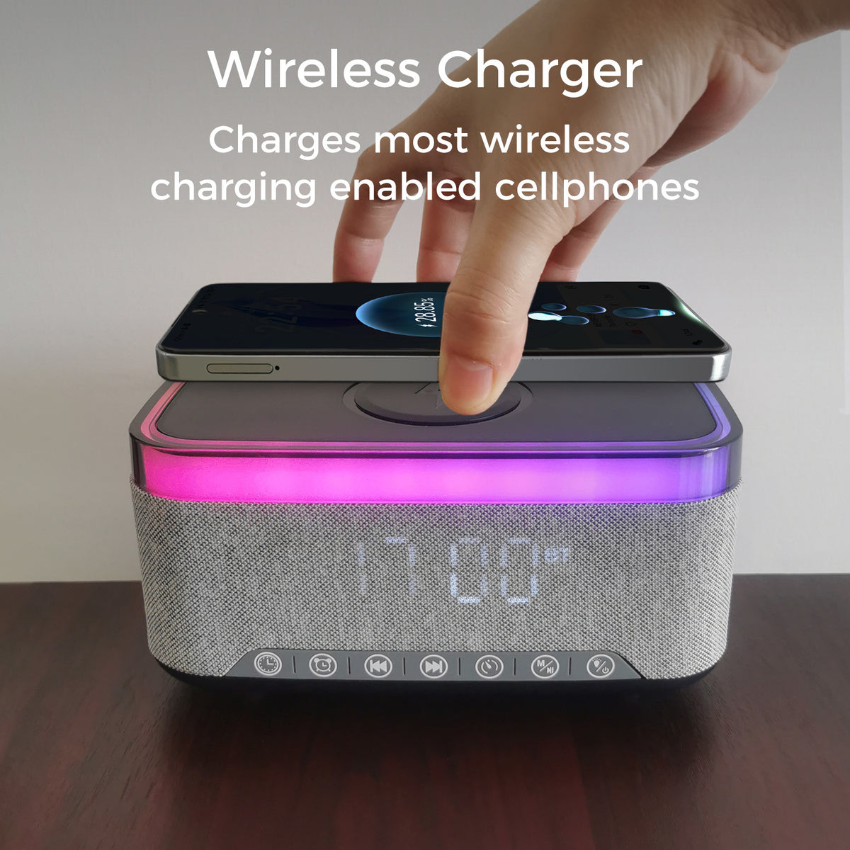 10W Bluetooth Stereo Speaker-Alarm Clock, Wireless Charging, RGB light