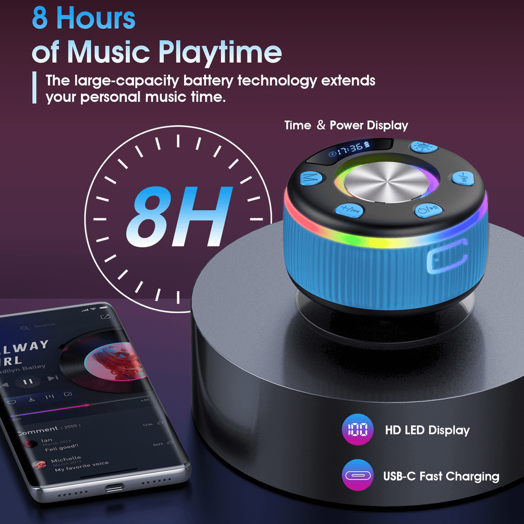 Bluetooth Shower Speaker, IPX7 Waterproof Wireless Speaker with Suction Cup, Time & Battery Display, Hands-Free Calls, 8–15H Playtime, 360° Sound Portable Mini Speaker for Bathroom and Travel