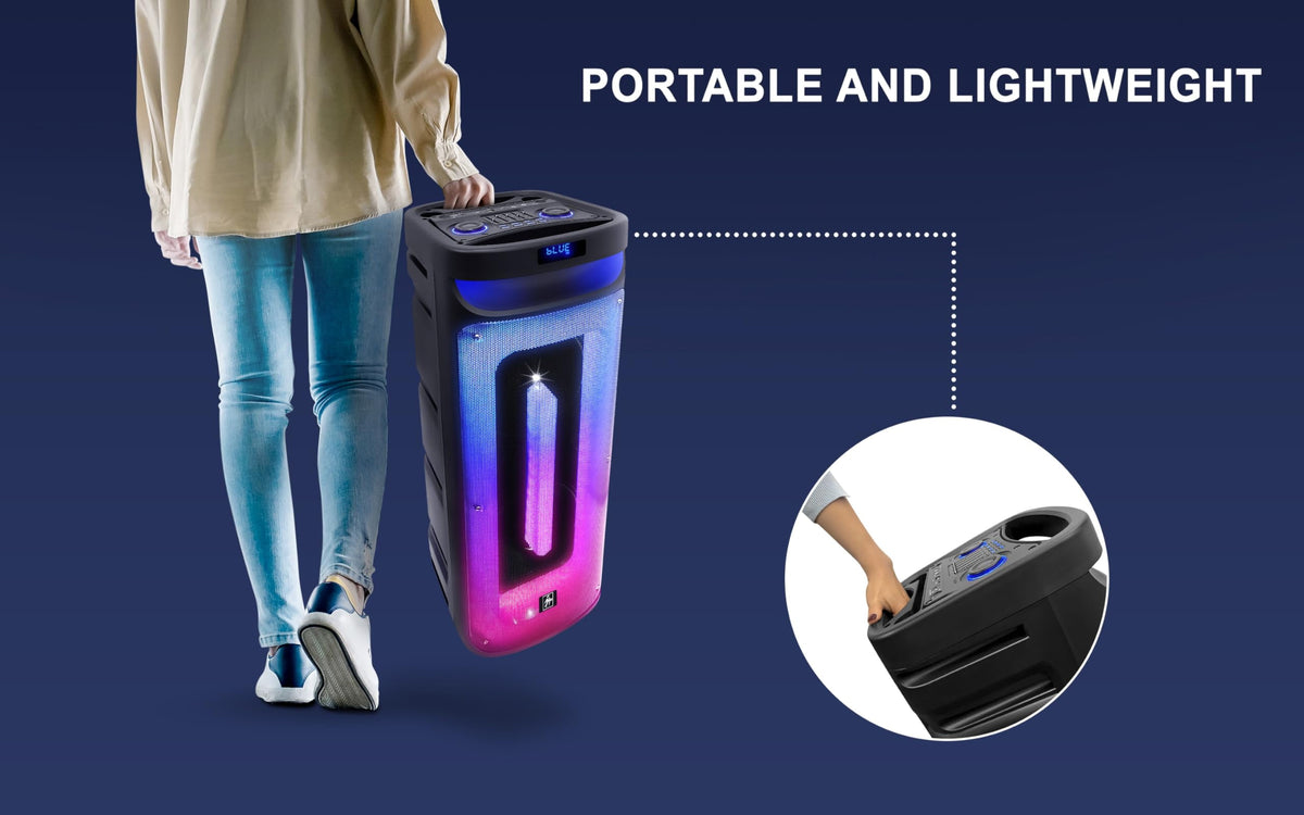 Fisher Portable Bluetooth Wireless Speaker System: Dual 10" Subwoofer 80W Peak Power Loud HD Deep Bass Sound|LED Lights|Rechargeable|Karaoke|Remote|TWS Pairing|USB Port|TF|AUX|FM Radio|2 MIC Input